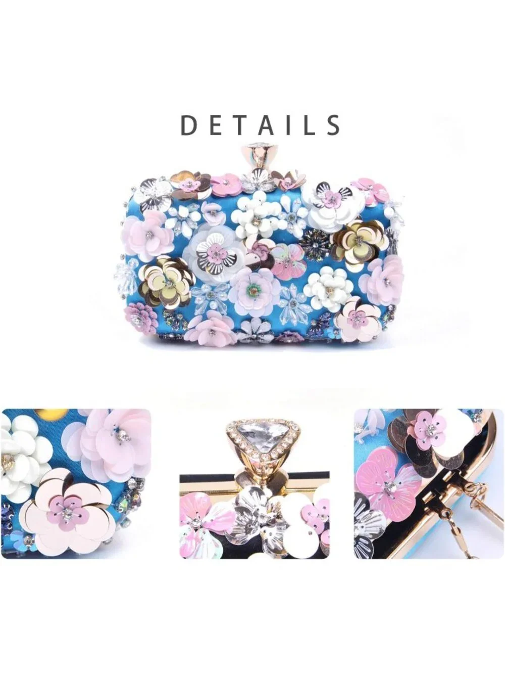 Women's Blue Clutches Flower Evening Handbag Chain Strap Elegant Shoulder Bag
